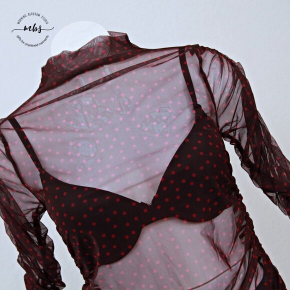 Maeve by Anthropologie Sheer Polka Dots Ruched Sleeve Top Burgundy Pink M - Picture 9 of 12